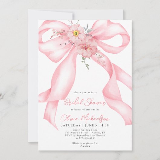 Floral Ribbon Pink Bow Boho Coquette Bridal Shower 招待状 (正面)