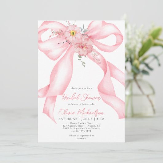 Floral Ribbon Pink Bow Boho Coquette Bridal Shower 招待状 (スタンド正面)
