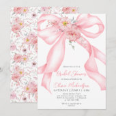 Floral Ribbon Pink Bow Boho Coquette Bridal Shower 招待状 (正面/裏面)