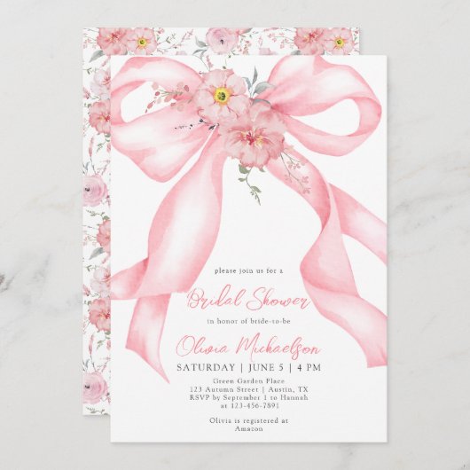 Floral Ribbon Pink Bow Boho Coquette Bridal Shower 招待状 (正面/裏面)