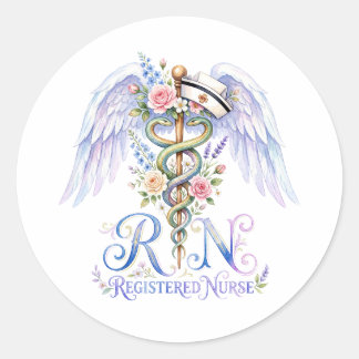 Floral RN Registered Nurse Angel Wings Watercolor  ラウンドシール