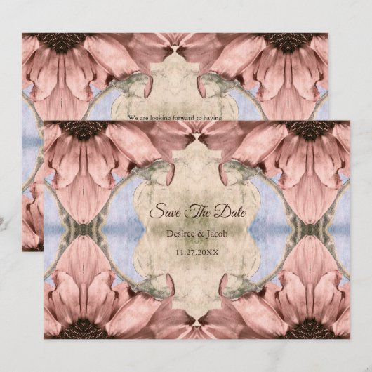 Floral Rose Gold Blush Pink Save The Date 案内状 (正面/裏面)