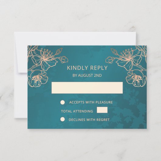 Floral Rose Gold Teal Wedding RSVP (正面)