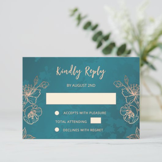 Floral Rose Gold Teal Wedding RSVP (スタンド正面)
