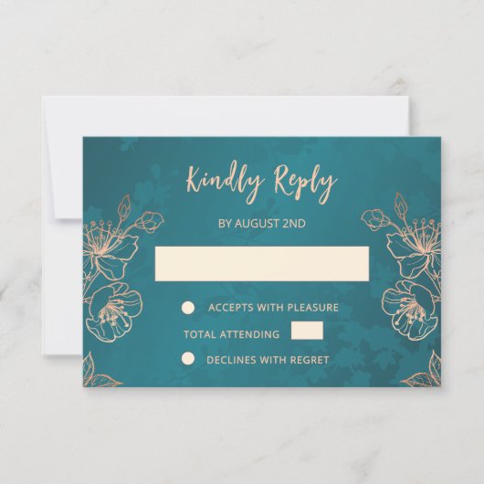 Floral Rose Gold Teal Wedding RSVP (正面)