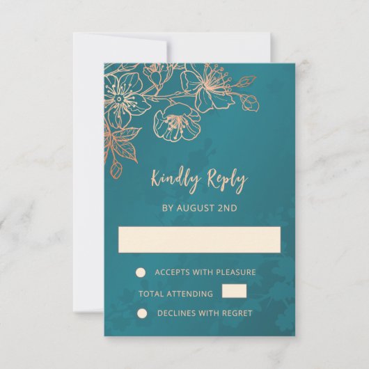 Floral Rose Gold Teal Wedding RSVP (正面)