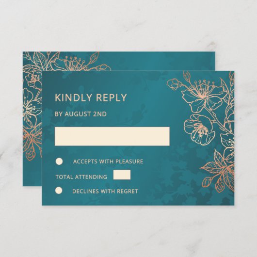 Floral Rose Gold Teal Wedding RSVP (正面/裏面)