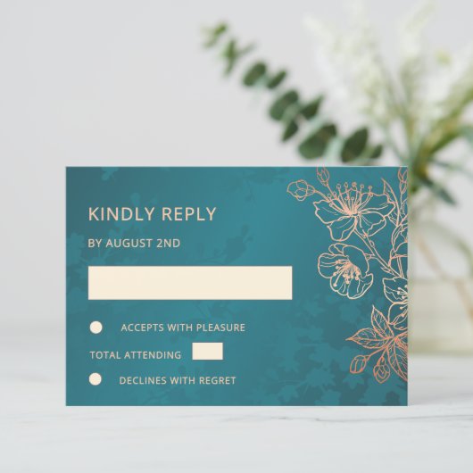 Floral Rose Gold Teal Wedding RSVP (スタンド正面)