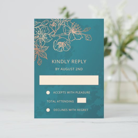 Floral Rose Gold Teal Wedding RSVP (スタンド正面)