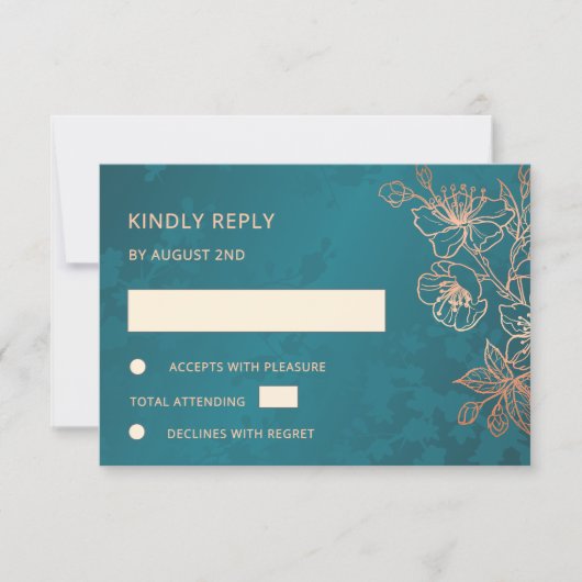 Floral Rose Gold Teal Wedding RSVP (正面)