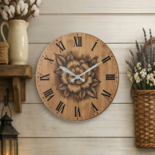 Floral Rose Wall Clock | Rustic Farmhouse Decor ラージ壁時計