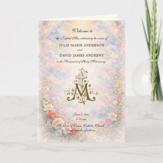 Floral Roses Catholic Wedding Mass Program カード (正面)