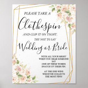 Floral Roses Clothespin bridal shower game sign ポスター
