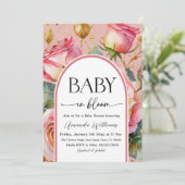 Floral Roses Pink Girl Baby in Bloom Baby Shower 招待状 (スタンド正面)