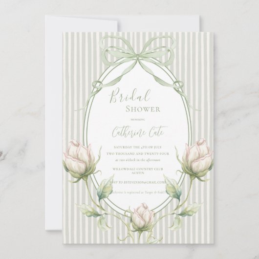 Floral Roses Sage Green Whimsical Bridal  招待状 (正面)