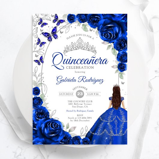 Floral Royal Blue Silver Quinceanera 招待状