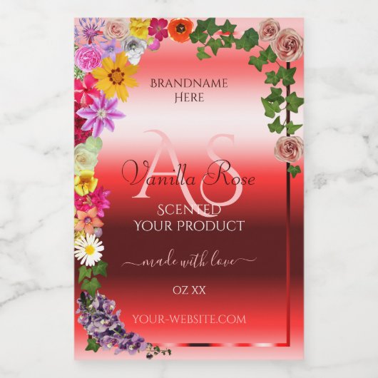 Floral Ruby Red Gradient 製品ラベル モノグラム フードラベル (シングルラベル)