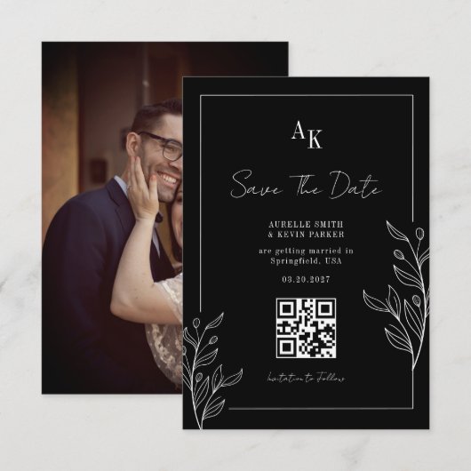 Floral Rustic Black Elegant Photo Back QR Wedding セーブザデート (正面/裏面)