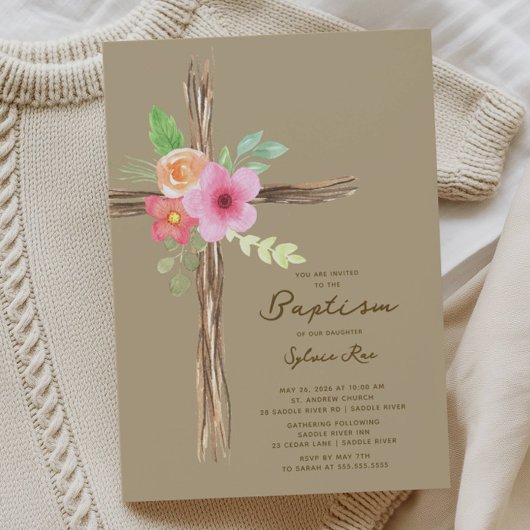 Floral Rustic Cross Baptism Invitation 招待状