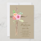 Floral Rustic Cross Baptism Invitation 招待状 (正面)