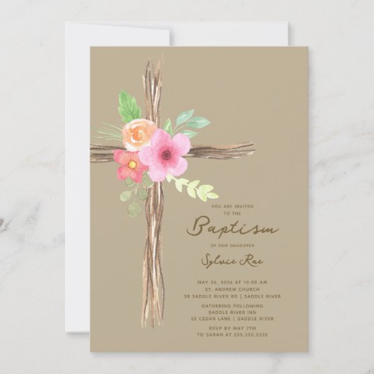 Floral Rustic Cross Baptism Invitation 招待状 (正面)