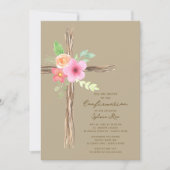 Floral Rustic Cross Confirmation Invitation 招待状 (正面)