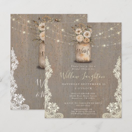 Floral Rustic String Light Bridal Shower Invite (正面/裏面)