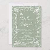 Floral Sage Green Botanical Fun All In One Wedding 招待状 (正面)