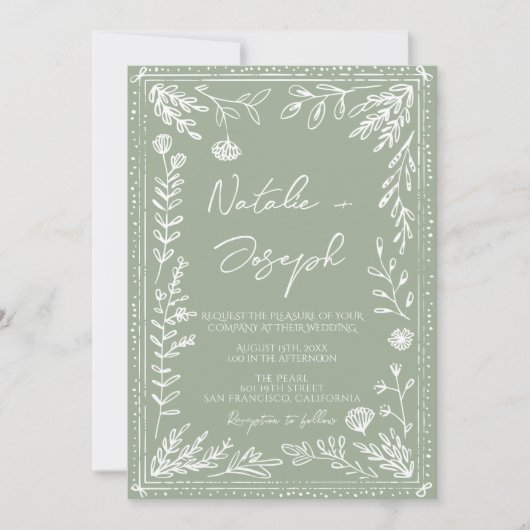 Floral Sage Green Botanical Fun All In One Wedding 招待状 (正面)