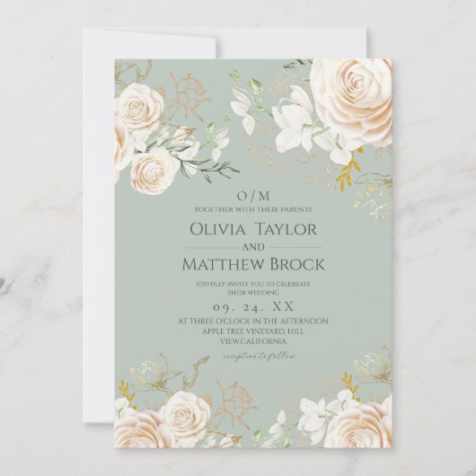 Floral Sage Green Classic & Elegant Wedding  招待状 (正面)
