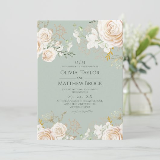 Floral Sage Green Classic & Elegant Wedding  招待状 (スタンド正面)