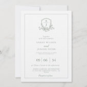 Floral Sage Green Leafy Crest Monogram Wedding 招待状 (正面)