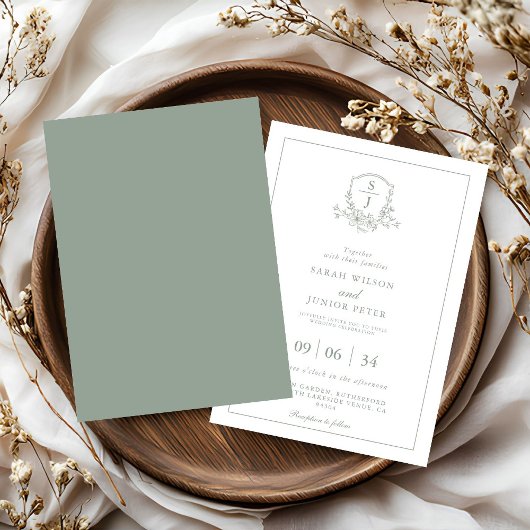 Floral Sage Green Leafy Crest Monogram Wedding 招待状