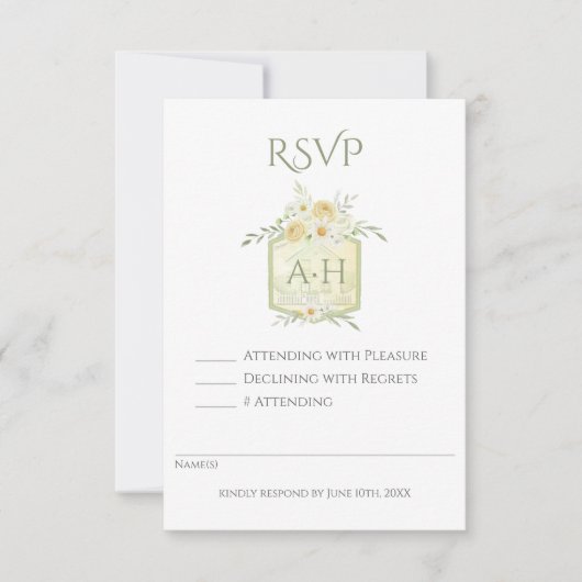 Floral Sage Watercolor Monogram Crest Wedding  出欠カード (正面)
