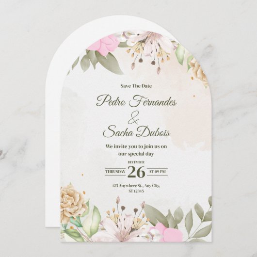 Floral Save The Date Invitation | Elegant Wedding  招待状 (正面/裏面)
