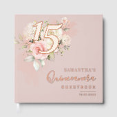 Floral Script Modern 15th Birthday Quinceanera ゲストブック (正面)