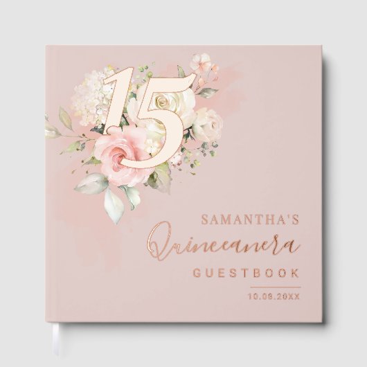 Floral Script Modern 15th Birthday Quinceanera ゲストブック (正面)