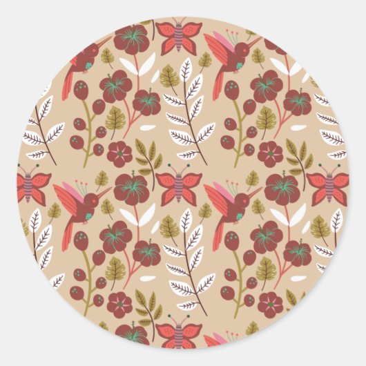 Floral seamless pattern flowers, birds, butterfly ラウンドシール (正面)