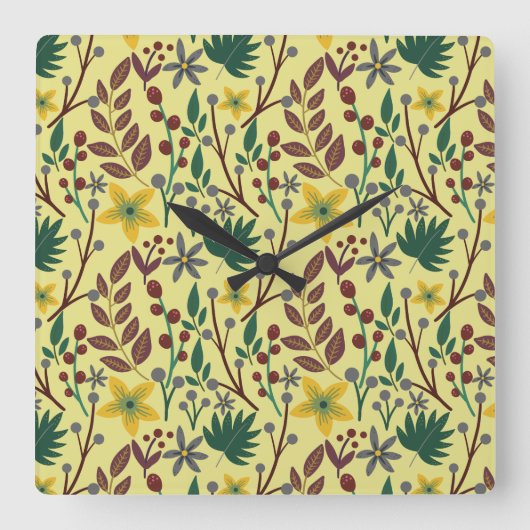 Floral seamless pattern flowers, leaves, branches スクエア壁時計 (正面)