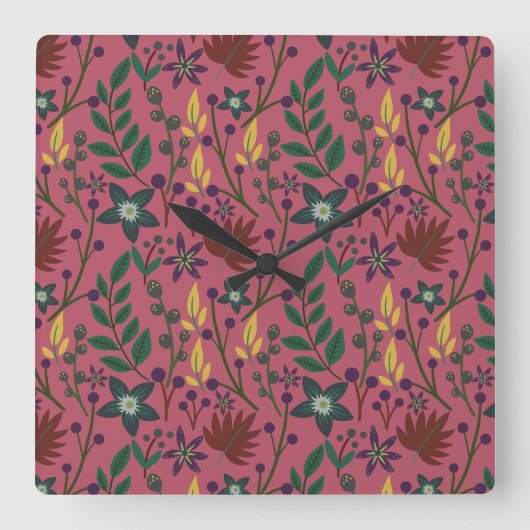 Floral seamless pattern pink flowers leaves branch スクエア壁時計 (正面)