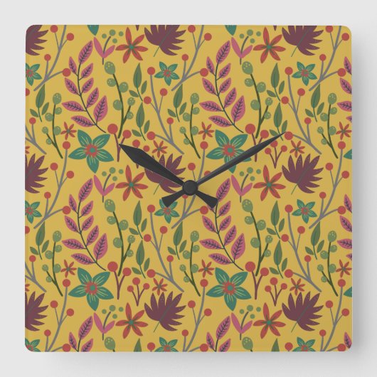 Floral seamless pattern yellow flowers and leaves スクエア壁時計 (正面)