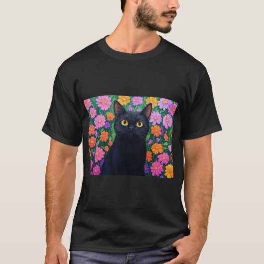 Floral Serenity: The Black Cat Tシャツ (正面)