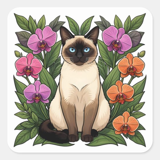 floral siamese cat stickers スクエアシール (正面)