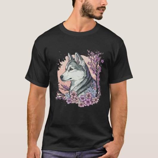 Floral Siberian Husky Cherry Blossom Dog Japanese  Tシャツ (正面)