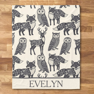  Floral Silhouette Fox, Deer, and Owl Folk Art フリースブランケット