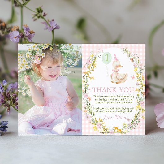 Floral Silly Goose Cute Pink Girl Birthday Photo サンキューカード