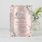 Floral Silver Glitter Drips Rose Gold 60th  招待状 (スタンド正面)