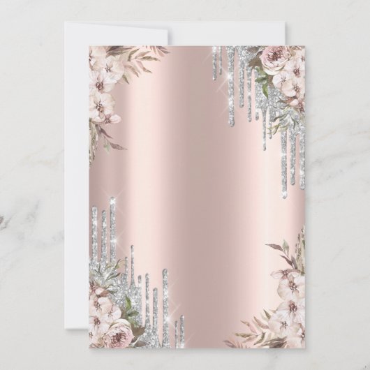 Floral Silver Glitter Drips Rose Gold 60th  招待状 (裏面)