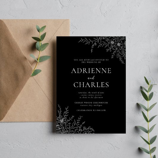 Floral Simplicity 1 Black Minimal Wedding 招待状