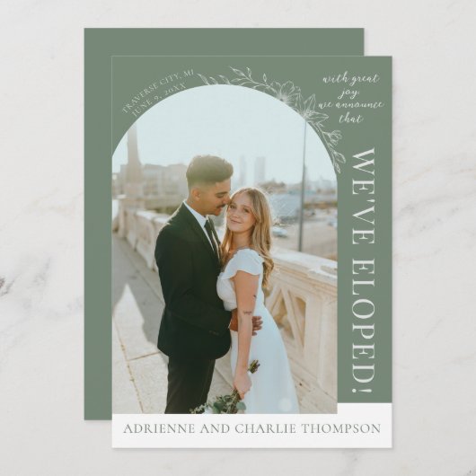 Floral Simplicity 1 Modern Green Elopement 案内状 (正面/裏面)